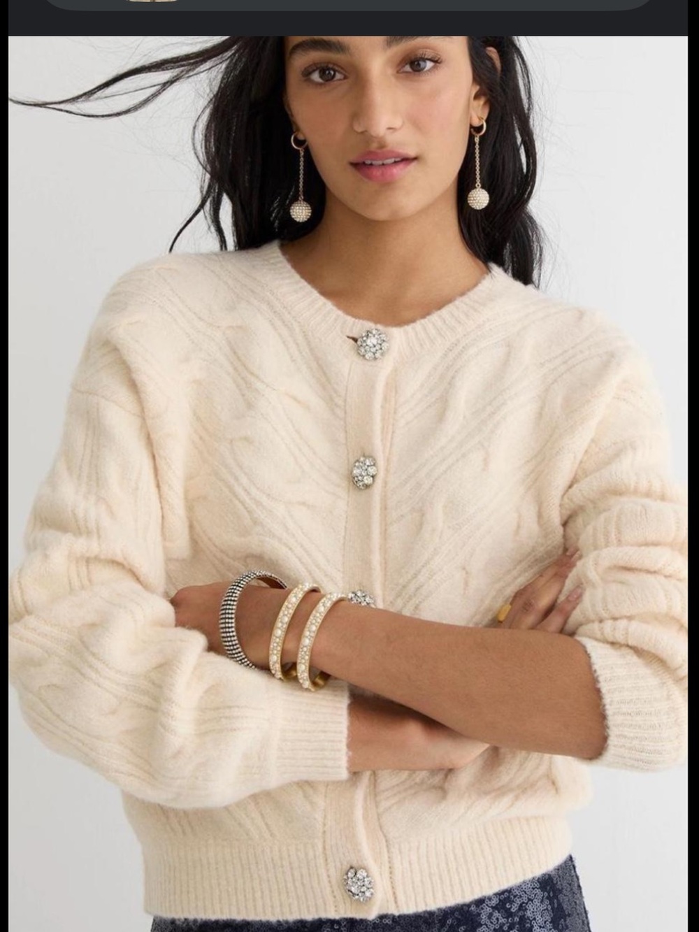 J. Crew Ivory Cable-Knit Cardigan with Rhinestone Buttons